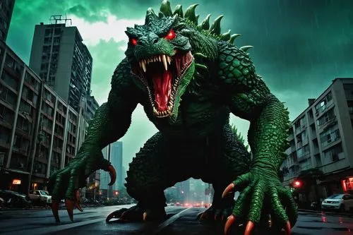 Eldritch horror, Godzilla-like monster, massive size, scaly green skin, glowing red eyes, tentacle arms, sharp teeth, Tokyo cityscape, destroyed buildings, debris-filled streets, dark rainy night, eer