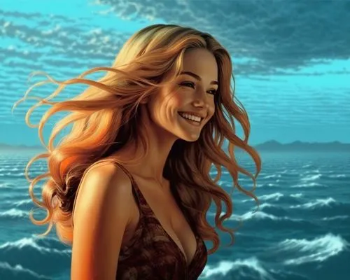 she came to me one morning big smile on her face all she was wearing was her amazing milk skin with long swirl hair in a misty sky ,a woman in the sea, with wind blowing her hair,margaery,margairaz,ha