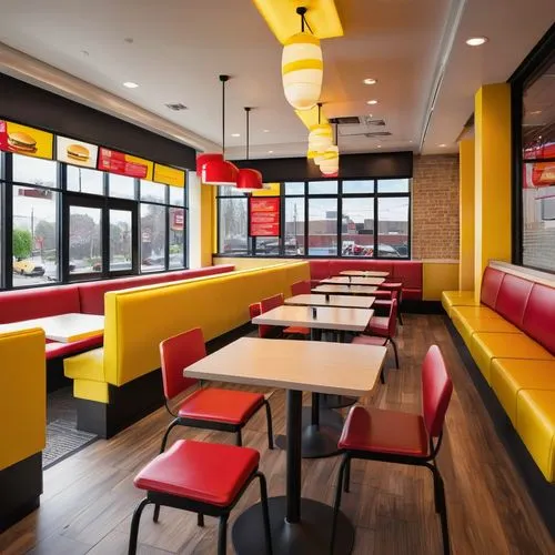 Modern McDonald's interior design, bright yellow and red branding colors, sleek metal tables, chairs with bold lines, digital menu boards, large windows with cityscape views, warm lighting, wooden acc