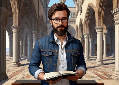 Middle-aged, male, architectural historian, glasses, messy brown hair, beard, worn denim jacket, white shirt, dark blue trousers, brown leather shoes, holding a notebook, standing, old historic buildi