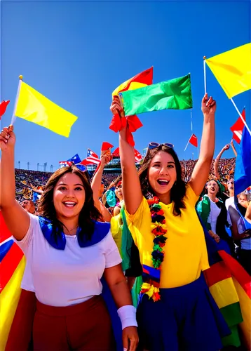 Stadium scene, packed crowd, day game, sunny weather, excited fans, cheering gesture, both hands up, colorful costumes, waving flags, big screens, loudspeakers, sports uniforms, athletic shoes, energe