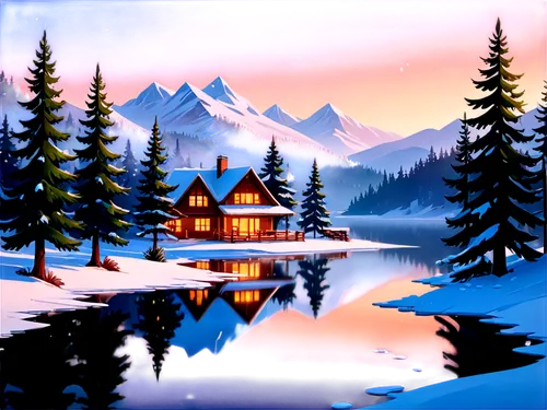 christmas landscape,winter background,christmas snowy background,winter house,winter landscape,snowy landscape,snow landscape,winter village,christmasbackground,winter lake,landscape background,snow scene,snow house,house with lake,winter night,home landscape,christmas scene,christmas wallpaper,house in mountains,log cabin,Illustration,Japanese style,Japanese Style 07