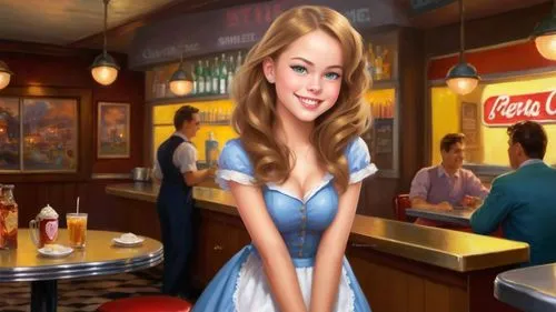 Romantic kitsch masterpiece oil painting, cute waitress girl portrait, 1 girl, classic 1950's style diner, nostalgic retro American vintage scenery, by Thomas Kinkade, high res,waitress,retro diner,so