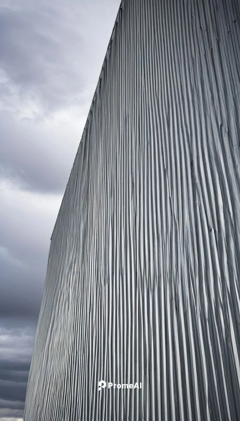 Modern architectural building, industrial-style metal roofing, silver-gray corrugated panels, sleek lines, angular shapes, urban cityscape background, overcast sky with soft white clouds, dramatic lig