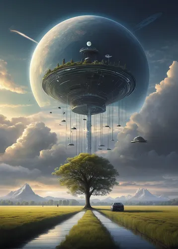 futuristic landscape,heliosphere,airships,sky space concept,ufo,alien planet,mushroom landscape,alien world,flying saucer,fantasy landscape,airship,floating island,fantasy picture,planet alien sky,sci fiction illustration,earth rise,world digital painting,ufos,flying seed,extraterrestrial life,Conceptual Art,Sci-Fi,Sci-Fi 25