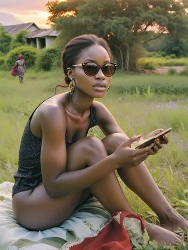 A rather self-absorbed woman from Angola.,a young woman sits on a blanket while looking at her phone,akuapem,byanyima,onyali,kenya,muthoni,dibaba,Photography,Black and white photography,Black and Whit