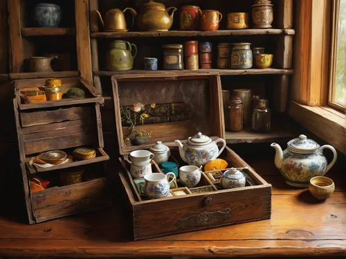 china cabinet,sideboard,a drawer,tea box,vintage kitchen,attic treasures,bannack assay office,kitchen cart,antiques,antique singing bowls,victorian kitchen,vintage dishes,tea party collection,chamber pot,dresser,antique table,cabinet,kitchenware,assay office in bannack,apothecary,Illustration,Paper based,Paper Based 03