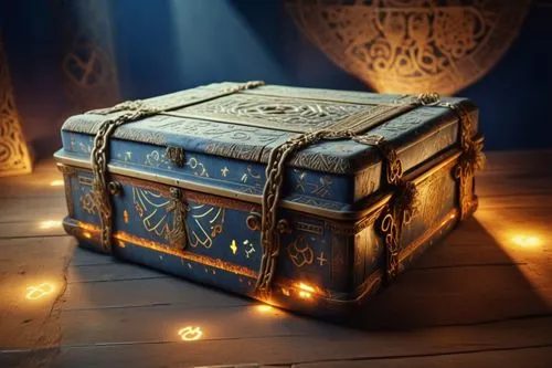 ancient box covered in glowing symbols,treasure chest,pirate treasure,card box,music chest,collected game assets,lyre box,gift box,music box,musical box,magic grimoire,mod ornaments,savings box,illumi