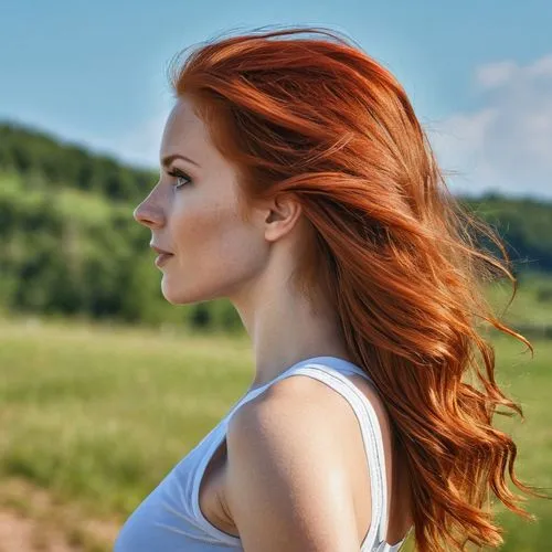 red-haired,redheads,redhair,red head,redheaded,management of hair loss,red hair,half profile,profile,semi-profile,natural color,redhead,artificial hair integrations,fluttering hair,smooth hair,young woman,natural cosmetic,woman portrait,woman thinking,pompadour,Photography,General,Realistic