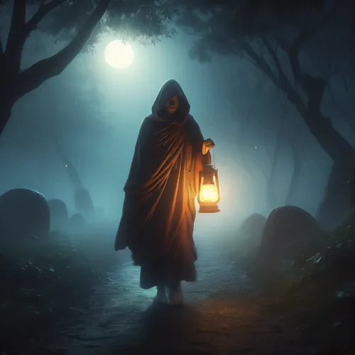 grimm reaper,the mystical path,hooded man,lamplighter,halloween wallpaper,the wanderer,halloween background,sleepwalker,lantern,monk,halloween illustration,halloween and horror,cloak,grim reaper,the n