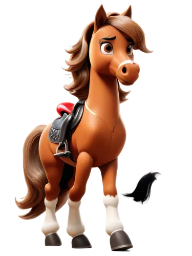 Cartoon horse, standing pose, bright brown fur, flowing mane, shiny black hooves, white socks, big expressive eyes, smiling face, wearing red saddle, golden horseshoe, detailed muscles, soft light, wa