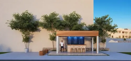 an outdoor  coffee kiosk, elegant, simple, outdoor, stone cladding, HOLA branding, blue skies, urban setting,sukkot,model house,sukkah,garden design sydney,miniature house,landscape design sydney,vivi