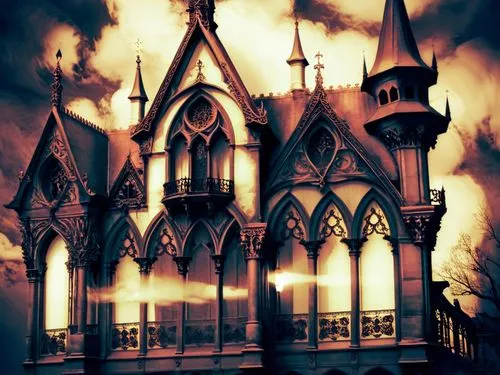 at random,an old style building has a red sky in the background,haunted cathedral,gothic style,gothic church,haunted castle,gothic,halloween background,Illustration,Realistic Fantasy,Realistic Fantasy