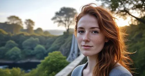 a red headed woman in grey cardigan standing near the forest,sansa,demelza,maedhros,reynir,catelyn,celtic woman