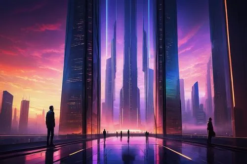 futuristic landscape,coruscant,cybercity,metropolis,sentinels,futuristic,monoliths,futuristic architecture,skyscrapers,polara,cityscape,supertall,coruscating,futuregen,arcology,dystopian,synth,barad,mainframes,cyberworld,Illustration,Vector,Vector 09