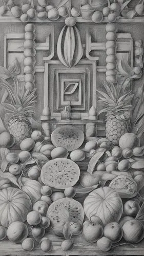 Boceto sencillo,this is a drawing of some fruits and vegetables,still life with onions,bleckner,phleger,romanescu,tea still life with melon,rosicrucian,Design Sketch,Design Sketch,Pencil