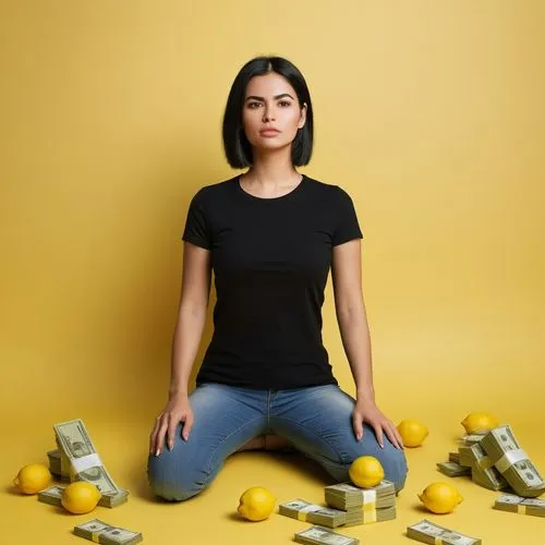 A woman,wearing jeans,gradient yellow  background,black hair, lemons and money ground,white t-shirt,a woman is surrounded by stacks of money,padmasana,lemon background,meditator,ayurveda,yellow backgr