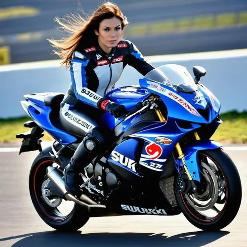 The image shows a woman sitting on a sport motorcycle. The motorcycle is black with some red and white accents, and the brand "Suzuki" is visible on the side, indicating the make of the bike. The woma