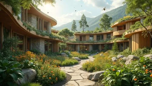 Seamless integration, organic forms, curved lines, lush greenery, native plants, wooden accents, stone walls, earthy tones, natural lighting, clerestory windows, skylights, open-air spaces, biophilic 