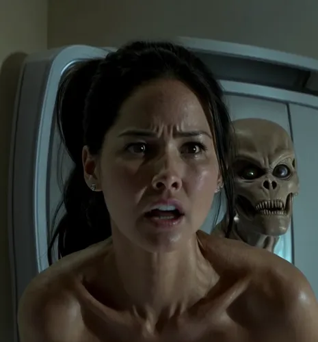 She is a Olivia munn. She is being stared at by a killer alien.
The alien has a mouth for a head

,scared woman,scary woman,mummies,mummy,the girl's face,et,district 9,head woman,woman face,cgi,the mo