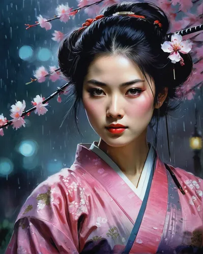 geisha,geisha girl,japanese art,japanese woman,hanbok,plum blossoms,oriental girl,oriental princess,cherry blossom in the rain,chinese art,mulan,mukimono,samurai,oriental,plum blossom,the cherry blossoms,cherry blossom japanese,katana,korean culture,japanese sakura background,Illustration,Paper based,Paper Based 12