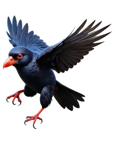 Flying crow cartoon, black feathers, red eyes, small beak, fluffy wings, dynamic pose, spreading wings, wind blowing, soft focus, vibrant colors, comedic expression, exaggerated features, 3D rendering