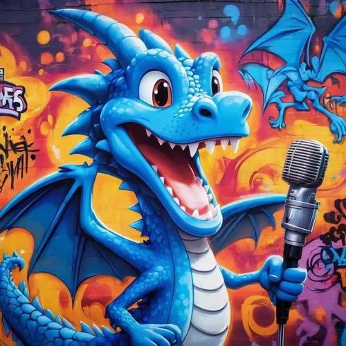 blue dragon sings to the microphone,graffiti art,alebrije,graffitti,graffiti,graff,grafiti,dragones,dragonja,dragao,roa,painted dragon,charizard,grafitti,welin,grafite,wall,figment,beatboxer,maguana,f