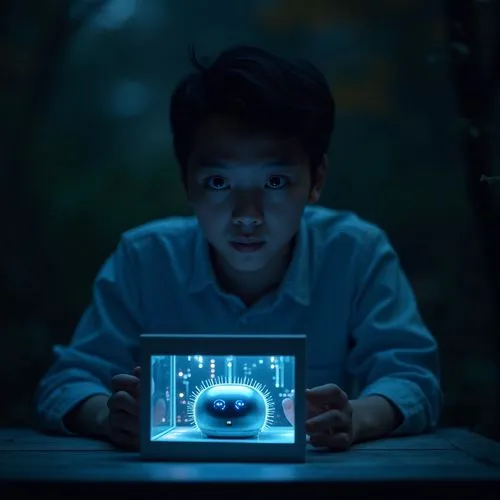 「From a shoulder view behind Xiaokai, focus on the mysterious box emitting a soft, flickering blue light. The glowing box is the central focus of the frame, illuminating Xiaokai's surprised expression