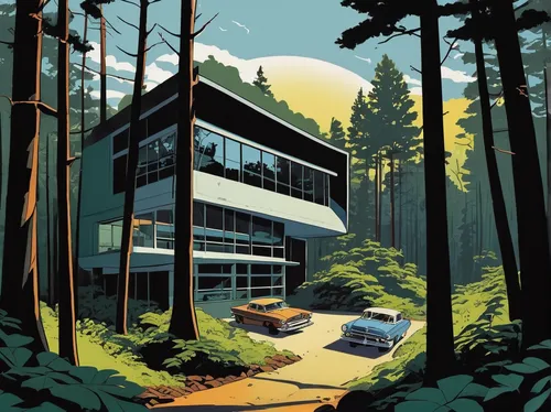 house in the forest,forest workplace,sugar pine,redwood,redwoods,pines,car dealership,alpine drive,spruce forest,the forests,garage,cartoon forest,forests,evergreen trees,coniferous forest,pine trees,house in mountains,company headquarters,parking lot,pinewood,Illustration,American Style,American Style 09