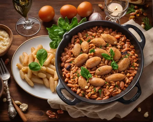 Develop gourmet cassoulet with premium ingredients, exquisite presentation, and fine dining elegance. Design a sophisticated atmosphere for a luxurious and upscale meal.,cassoulet,cholent,pasta e fagi