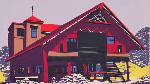 house painting,gable,mountain hut,house in mountains,house in the mountains,frame house,church painting,printing house,swiss house,red roof,sugar house,model house,travel poster,chalet,escher,woman ho