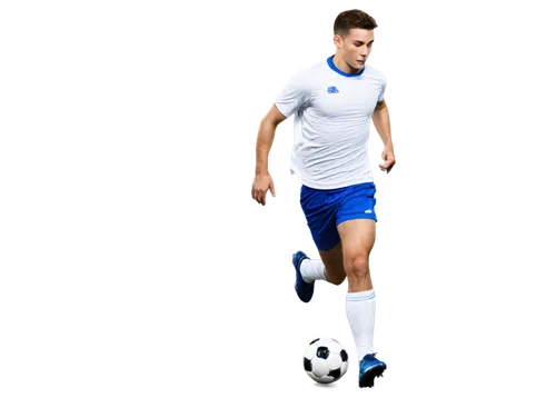 Football player, athletic male, muscular body, white jersey, blue shorts, soccer ball at feet, dynamic pose, running, kicking, stadium background implied, dramatic lighting, high contrast, shallow dep