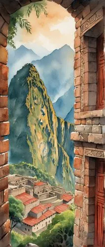 mountain scene,mountain village,mountain settlement,landscape background,mountain landscape,urubamba,house in mountains,khokhloma painting,watercolor background,meteora,mountainous landscape,background with stones,alpine village,view of the mountains,ollantaytambo,nepal,sindhupalchowk,sikkim,sindhupalchok,house in the mountains,Illustration,Paper based,Paper Based 25