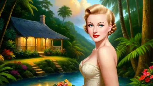 Romantic masterpiece oil painting, cute girl portrait, nostalgic 1950's style kitsch, vibrant rainforest landscape, lush tropical jungle paradise, summer beach vacation seaside cottage sunset scenery,