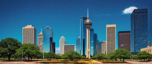 Dallas cityscape, panoramic view, sunny day, clear blue sky, skyscrapers, modern architecture, glass windows, steel frames, busy streets, yellow taxis, people walking in suits, cowboy hat, boots, Texa