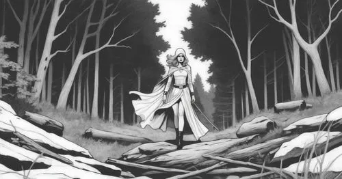 sketch, woman, forestry background, black and white,a black and white drawing of a person standing in the woods,dryad,forest work,sorceress,ballerina in the woods,light bearer,dryads,Illustration,Amer