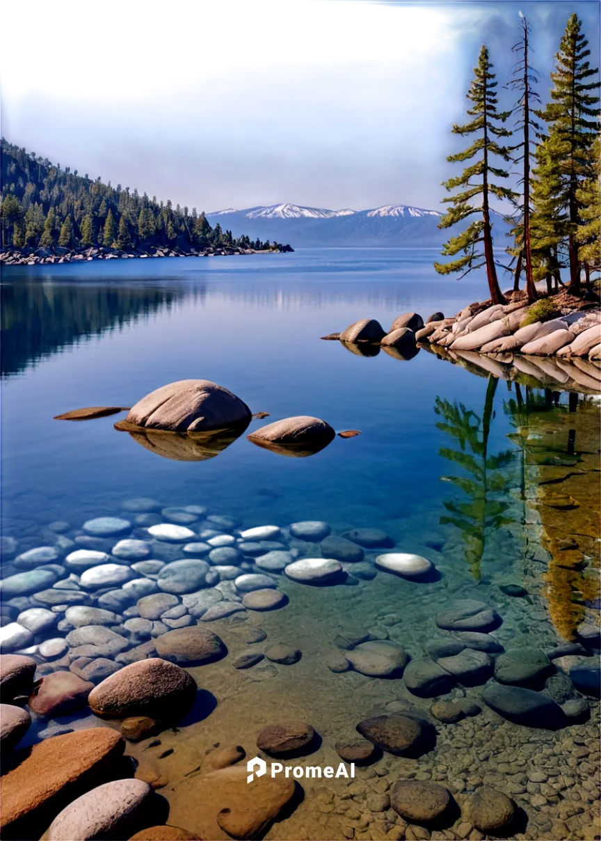 Lake Tahoe, scenic landscape, calm water, surrounding mountains, pine trees, rocky shores, sunny day, clear blue sky, few white clouds, reflection of mountains on water, panoramic view, soft natural l