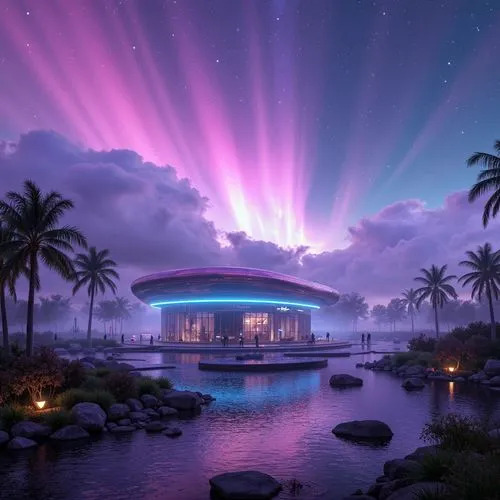 futuristic art museum,planetariums,dubai garden glow,futuristic landscape,futuristic architecture,tropical house,planetarium,lightshow,paradisus,rainbow bridge,wonderlands,light show,singapore,nothern lights,floating stage,lights serenade,megachurch,futurist,sky space concept,alien ship