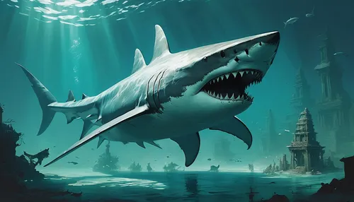 requiem shark,shark,hammerhead,great white shark,bronze hammerhead shark,sharks,jaws,underwater background,sea monsters,underwater world,marine reptile,wide sawfish,bull shark,underwater landscape,tiger shark,shark fin soup,sawfish,game illustration,sea animal,undersea,Conceptual Art,Fantasy,Fantasy 10