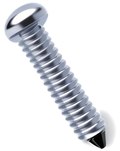 Metal screw, silver color, spiral shape, flat head, detailed threads, shiny surface, close-up shot, 3/4 composition, soft lighting, high contrast, realistic rendering, transparent background.,stainles