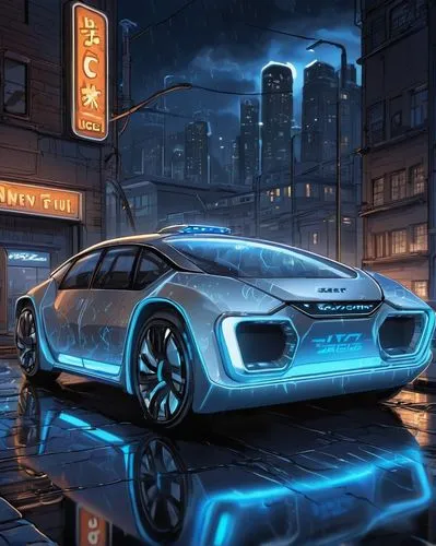 Hydrogen fuel cell, futuristic, sleek design, silver metallic body, glowing blue accents, intricate pipes, complex machinery, urban cityscape, neon lights, rainy night, reflective puddles, close-up of