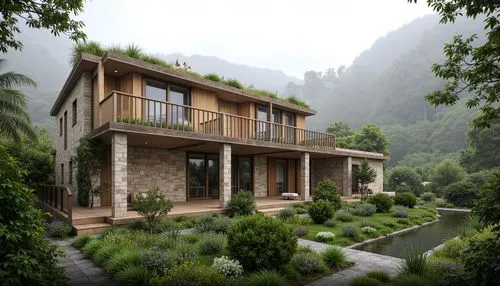 house in mountains,house in the mountains,3d rendering,garden elevation,home landscape,holiday villa,landscaped,forest house,chalet,beautiful home,wooden house,house in the forest,render,private house,residential house,house with lake,asian architecture,casabella,rivendell,terraced