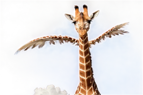 Giraffe, flying, wings spread wide, soft feathers, brown spots, long neck, gentle face, smiling, blue sky background, fluffy white clouds, warm sunlight, 3/4 composition, shallow depth of field, cinem