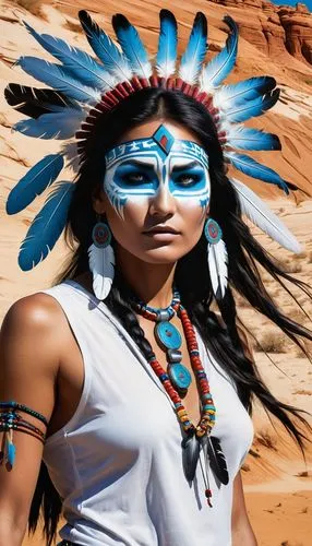 woman grey head  in a desert. Her eyes are filled with intense focus as she strolls with her loyal beauty of a white werewolf ,  capturing the world of reality and technology. This transformation is c