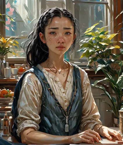 fantasy portrait,girl studying,girl with bread-and-butter,mystical portrait of a girl,digital painting,girl portrait,world digital painting,girl in the kitchen,girl picking flowers,young girl,portrait of a girl,merchant,oriental girl,mulan,han thom,asian woman,study,child portrait,girl in the garden,chinese art