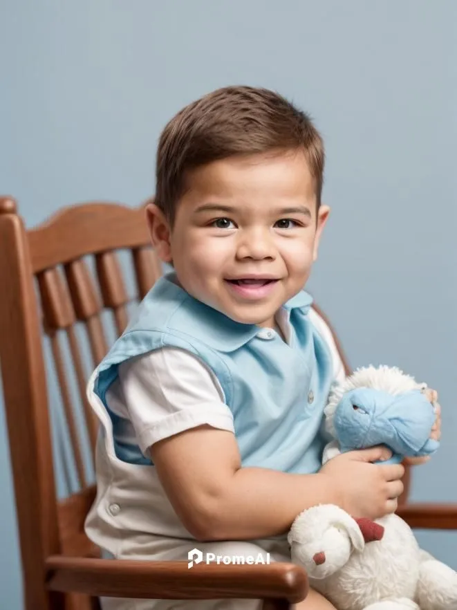 niño sentado en silla de madera con chaleco color blanco, camisa celeste, sosteniendo un peluche en fondo color azul celeste ,diabetes in infant,children's photo shoot,children's christmas photo shoot