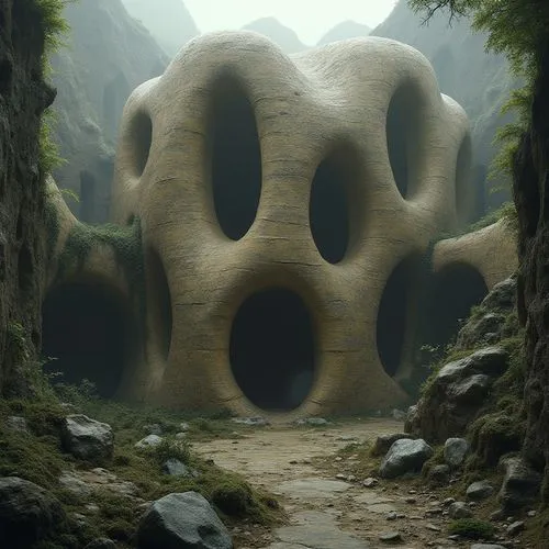 lair,burrow,bonestell,mushroom landscape,3d render,cave church,biospheres,futuristic landscape,envelopment,neo-stone age,hibernaculum,igloos,honeycomb structure,futuristic architecture,ancient house,igloo,strange structure,shannara,megalithic,toroid,Photography,General,Realistic