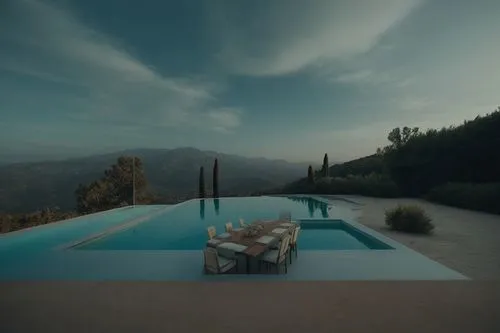 Rotate the table so that it makes sense with the rest of the picture.
Scale the table so that it is proportional to the pool.,a dining table on a pool next to a hill,infinity swimming pool,amanresorts