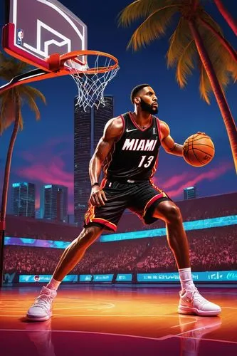 Miami Heat graphics, basketball court, vibrant colors, neon lights, South Beach nightlife, palm trees, cityscape, sunset, warm glow, 3D realistic rendering, dynamic lighting, reflective surfaces, deta