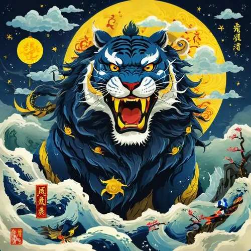 asian tiger,kaohsiung,magan,katsumata,barongsai,rongfeng,guangxiang,guangzhao,wuzhong,rakshasa,qingdao,qingyang,thangka,zhenwu,guangyang,jiaojiao,jiwan,jiangbei,oriental painting,huangdao,Illustration,Realistic Fantasy,Realistic Fantasy 33